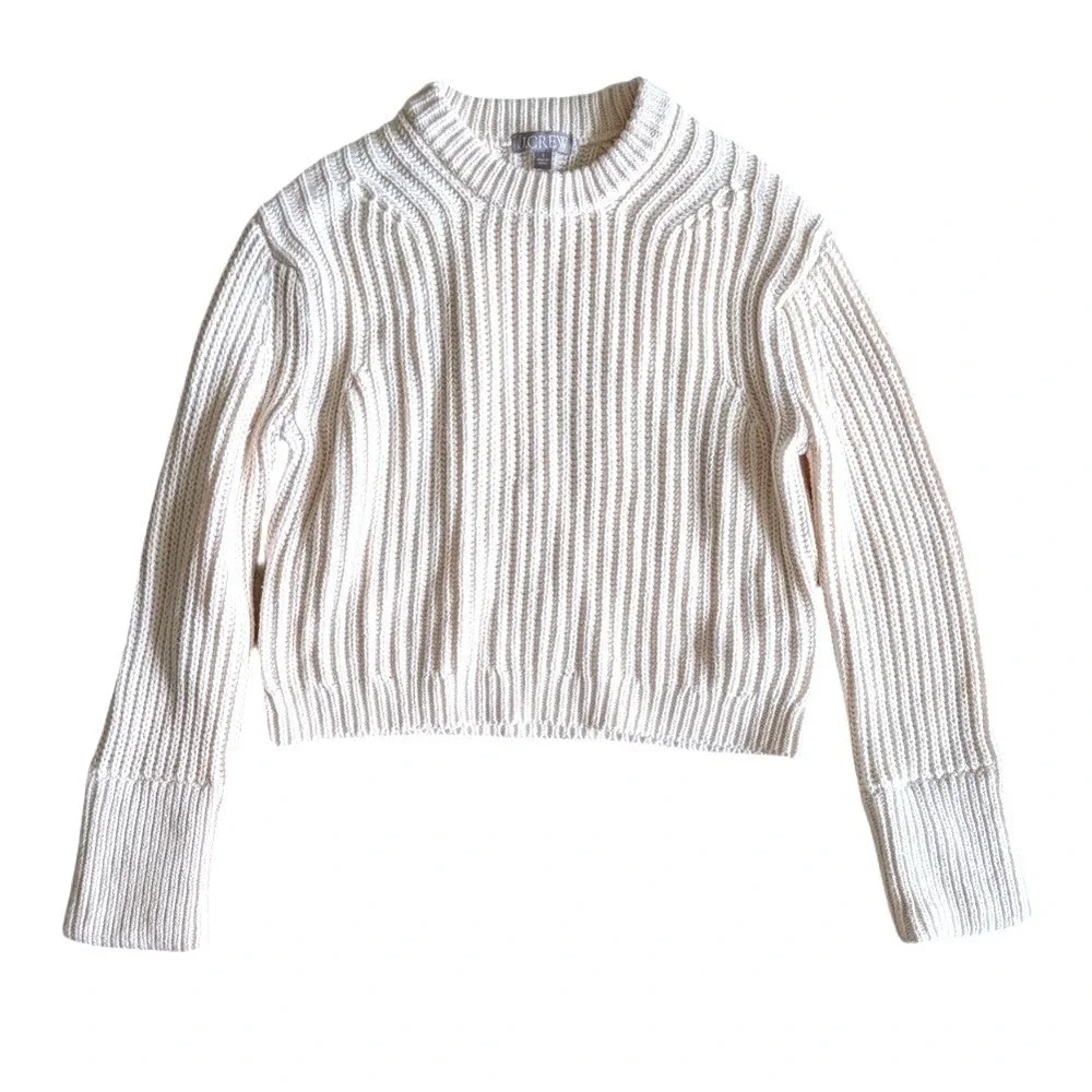 J. Crew Heritage Cotton Fisherman Crewneck Sweater Cream Ribbed Crop- Small